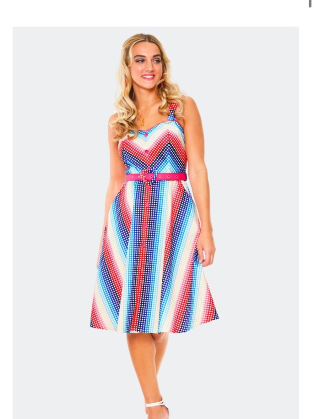 Voodoo Vixen Rainbow Gingham Button Rockabilly Vintage Style Dress XS- No Belt